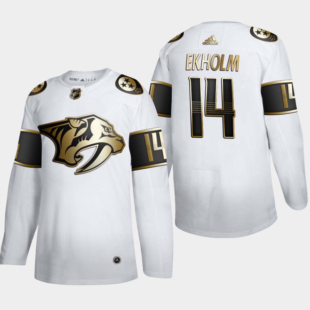 Cheap Nashville Predators 14 Mattias Ekholm Men Adidas White Golden Edition Limited Stitched NHL Jersey